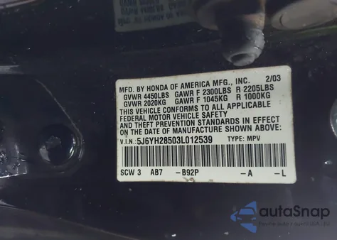 2003 Honda Element Ex from USA, damaged, VIN 5J6YH28503L012539